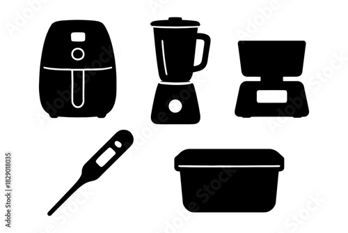 Kitchen appliance silhouettes: air fryer, blender, scale, thermometer, container.