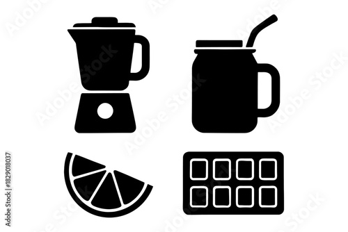 Smoothie making set: blender, jar with straw, lemon slice, ice tray icons.