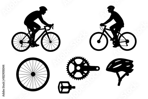 Cyclist silhouettes and bicycle parts including helmet and gears.