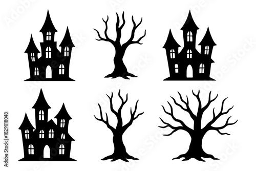 Silhouette of haunted houses and bare trees for halloween design.