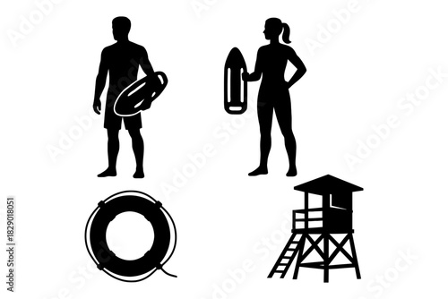 Silhouettes of lifeguard figures with lifebuoy and watchtower.