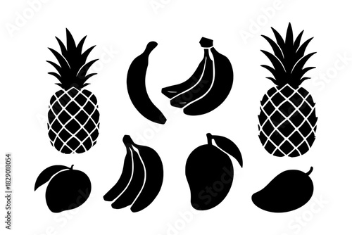 Silhouette set of tropical fruits: pineapple, banana, mango.