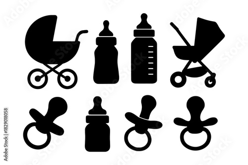 Baby essentials silhouette set: strollers, bottles, pacifiers in black and white.