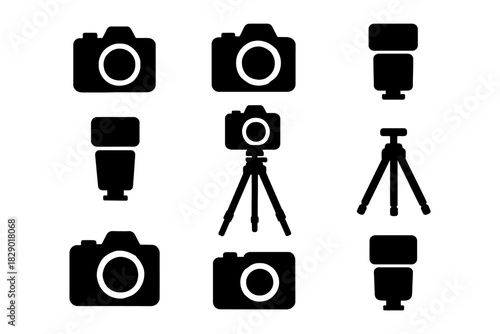 Camera equipment icons: cameras, lenses, tripod, flash in black silhouette.