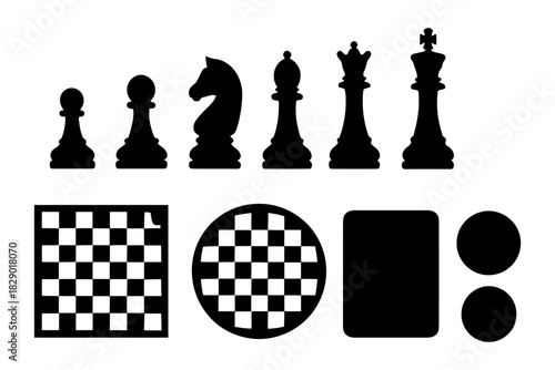 Silhouette chess pieces and boards collection with different shapes.
