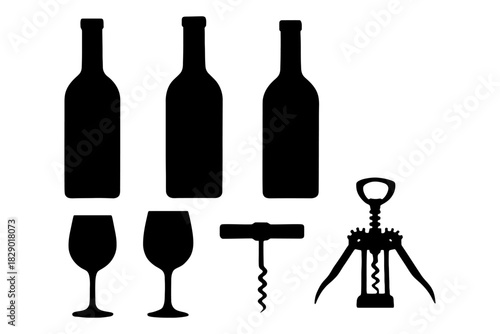 Silhouette of wine bottles, glasses, and corkscrews in minimalist design.