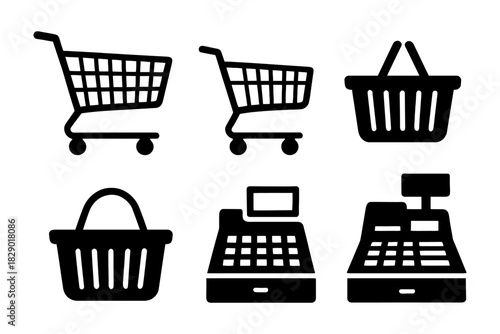 Shopping cart and cash register icons set on white background.