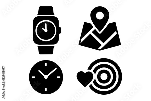Minimalist icons: smartwatch, map, clock, target with heart symbol in black and white.