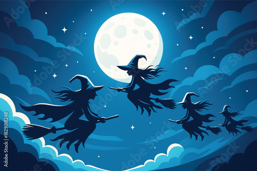 Halloween Night Vector Illustration: Silhouettes of Witches Flying on Broomsticks Across a Full Moon and Cloudy Blue Sky Background.