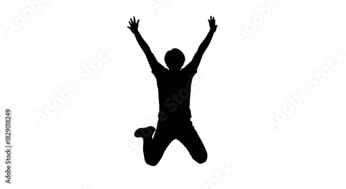 Dynamic Jumping Person Silhouette Vector Art. Black and White Monochrome Graphic of Man with Arms Raised for Freedom, Success, Excitement, and Achievement Concepts.