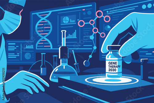 Gene Therapy and Biotechnology Research Vector Illustration: Scientist Working in Laboratory with DNA Structure, Vials, and Computer Monitoring.