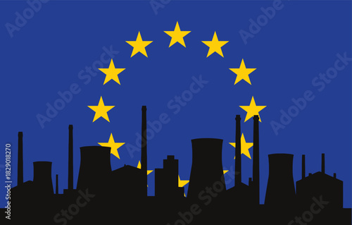 European Union flag silhouette representing industry, factories, and the economy, symbolizing manufacturing, energy, and environmental regulation