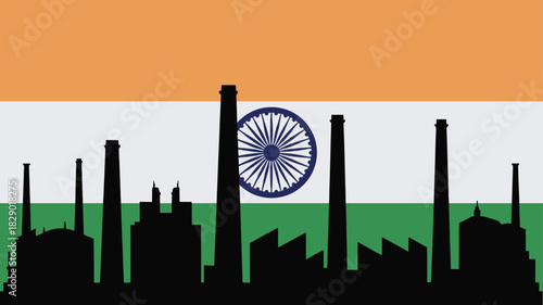 Indian flag silhouette representing the massive Indian industry, factories, and the economy, symbolizing manufacturing, growth, and urban development