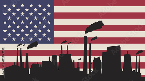 American flag silhouette representing US industry, factories, and the economy, symbolizing manufacturing, energy, jobs, and industrial output