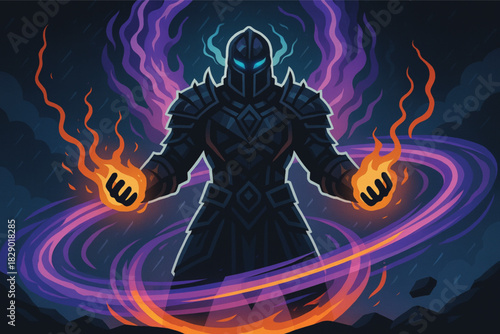 nfernal Demon Warrior Vector Art: Aggressive Fantasy Monster Character Mascot Logo Design with Horns, Flaming Sword, and Evil Expression for Gaming, Esport, or T-Shirt Print.