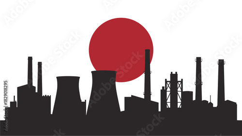 Japanese flag silhouette representing advanced industry, power plants, and the economy, symbolizing technology, innovation, and manufacturing leadership
