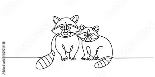 Continuous line drawing of two raccoons, an adult and a young one, sitting together. minimalist black ink vector art on a white background. Vector, illustration