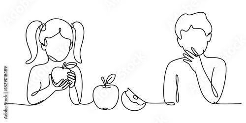 Minimalist continuous line art of a girl holding an apple, with a whole and sliced apple, next to a boy, symbolizing healthy eating and diet. Vector, illustration