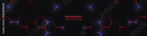 Hexagon technology black and red colored honeycomb wide abstract background. Vector illustration