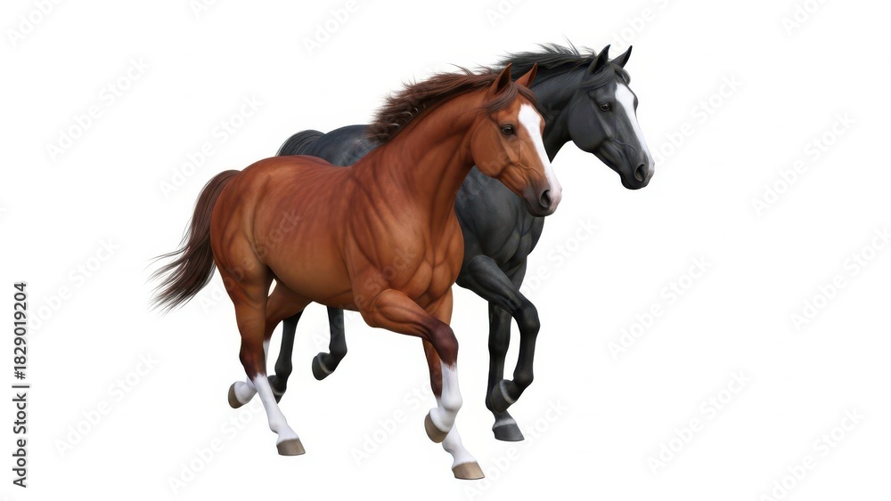 Obraz premium Two Elegant Horses Running Together – Brown and Black Stallions in Motion on White Background