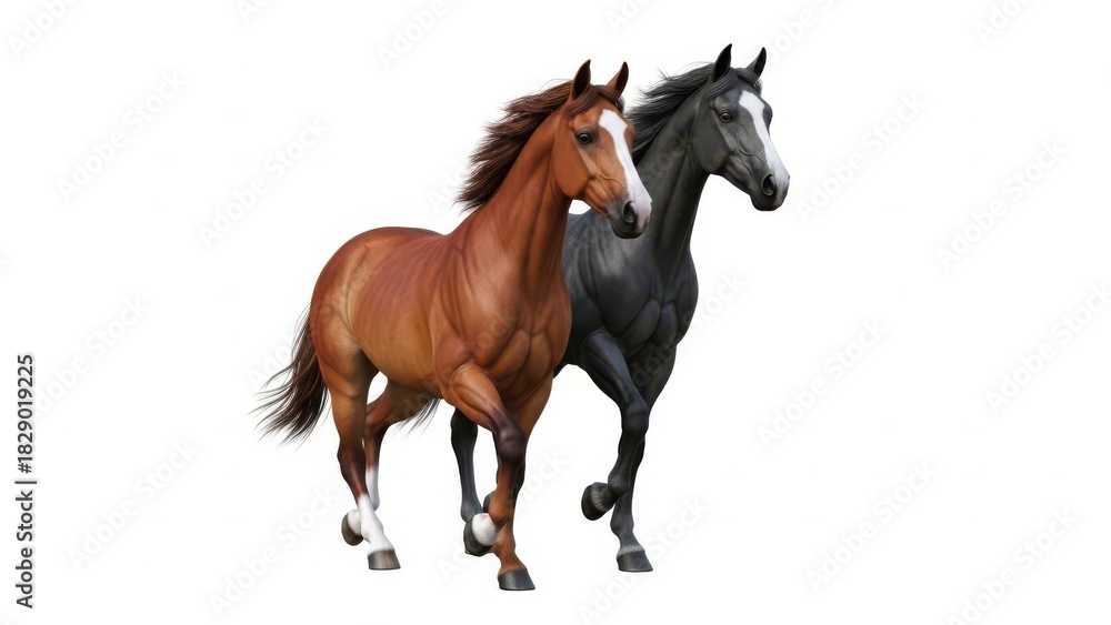 Obraz premium Two Elegant Horses Running Together – Brown and Black Stallions in Motion on White Background