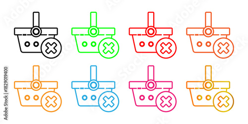 Vector Set of Outline Shopping Basket with X Mark Icons for E-commerce, Removal, and Cancellation
