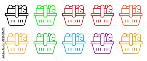 Set of diverse grocery shopping basket icons in outline and gradient styles, perfect for retail and e-commerce.