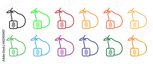 Colorful Outline Pear Icons with Dollar Sign, Vector Set for Food Pricing and Grocery Shopping