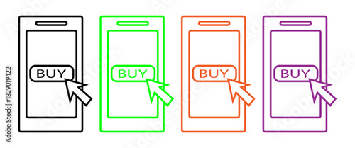 Mobile shopping and e-commerce concept with smartphone outline icons, click button, and cursor for online purchase transactions