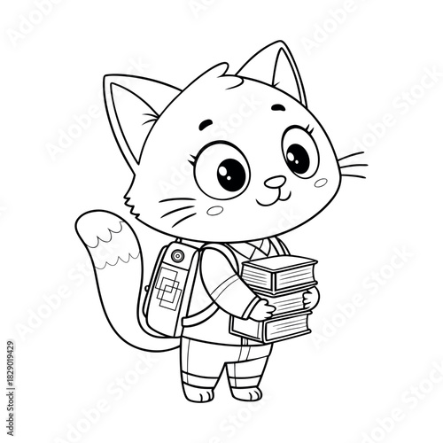 Adorable line art illustration of a cheerful feline student wearing a school backpack and holding a stack of textbooks. Perfect for education and kids' content.