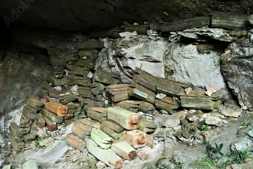The Lumiang Burial Cave is filled with many old coffins, Sagada, Luzon, Philippines