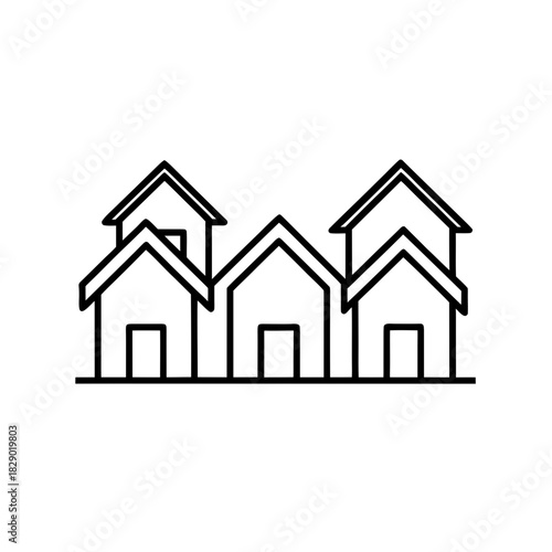 Outlined drawing of three simple house structures on transparent background silhouette