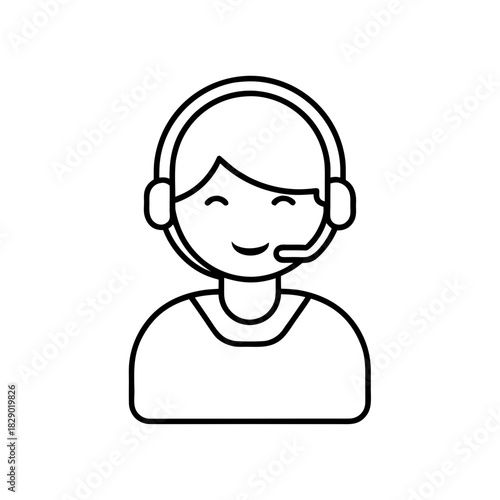 Outline drawing of a person with a headset smiling on transparent background silhouette