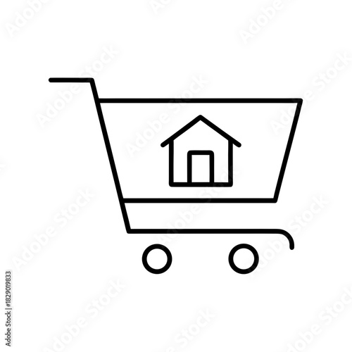 Shopping cart containing a house outline illustration on transparent background silhouette