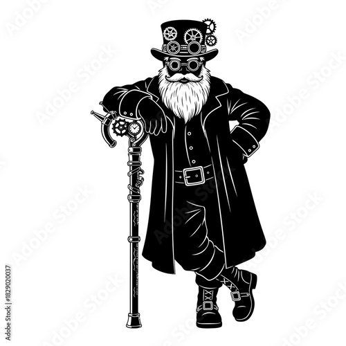 Confident Steampunk Santa Silhouette Leaning on a Brass Walking Stick with Gears Invention