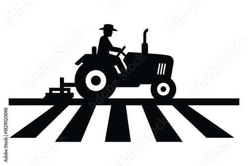 Farmer on Tractor Plowing Field Silhouette Vector, Agriculture Illustration