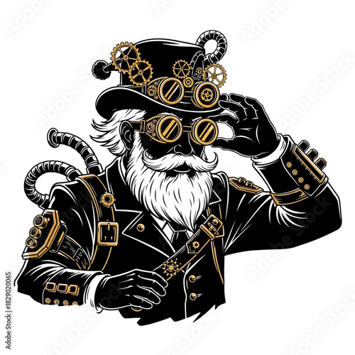 Dynamic Steampunk Santa Silhouette Adjusting Brass Goggles, Clean Edges Retro Innovation