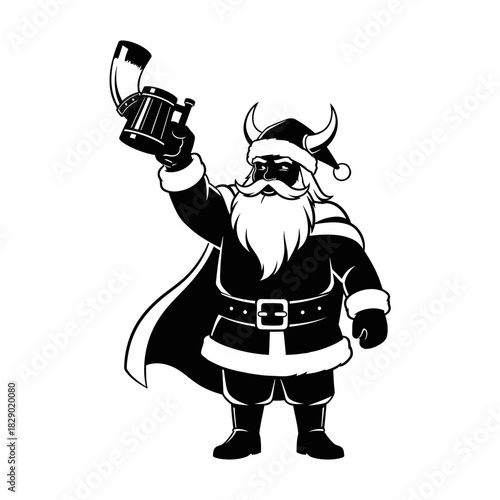 Festive Flat Design Silhouette of Viking Santa Raising Horn Mug Celebration Graphic