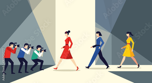 A catwalk scene with three models in vibrant dresses posing for photographers