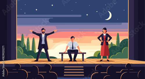 A stage play unfolds under a starry night sky with actors and an audience