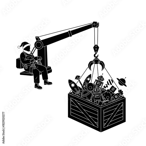 Action Zero Gravity Crane Operator Elf Maneuvering a Giant Crate of Space Toys