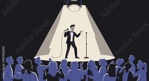 Comedian in spotlight tuxedo microphone audience cheering