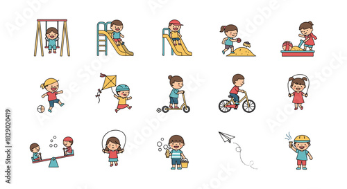 Children enjoying outdoor activities: playgrounds, cycling, kite flying, and more