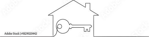 Home and Key Continuous Line Art - Real Estate and Security Icon