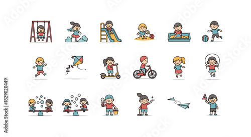 Colorful cartoon of kids enjoying outdoor activities and playtime