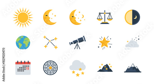 Celestial icons set: sun, moon phases, zodiac constellations, telescope, starry elements