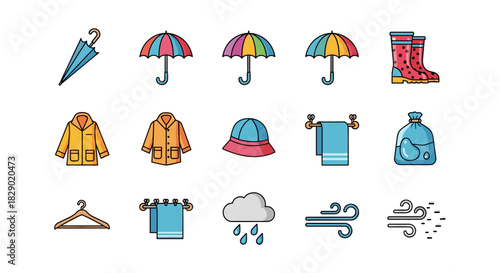 Colorful rainy day icons featuring umbrellas, raincoats, and weather elements in flat style