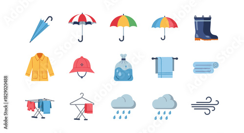 Colorful weather and clothing icons for rainy day preparedness