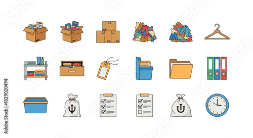 Colorful organization icons: boxes, files, clothing, and more in flat style