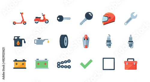 Flat icons of scooters, bike gear, and car maintenance tools